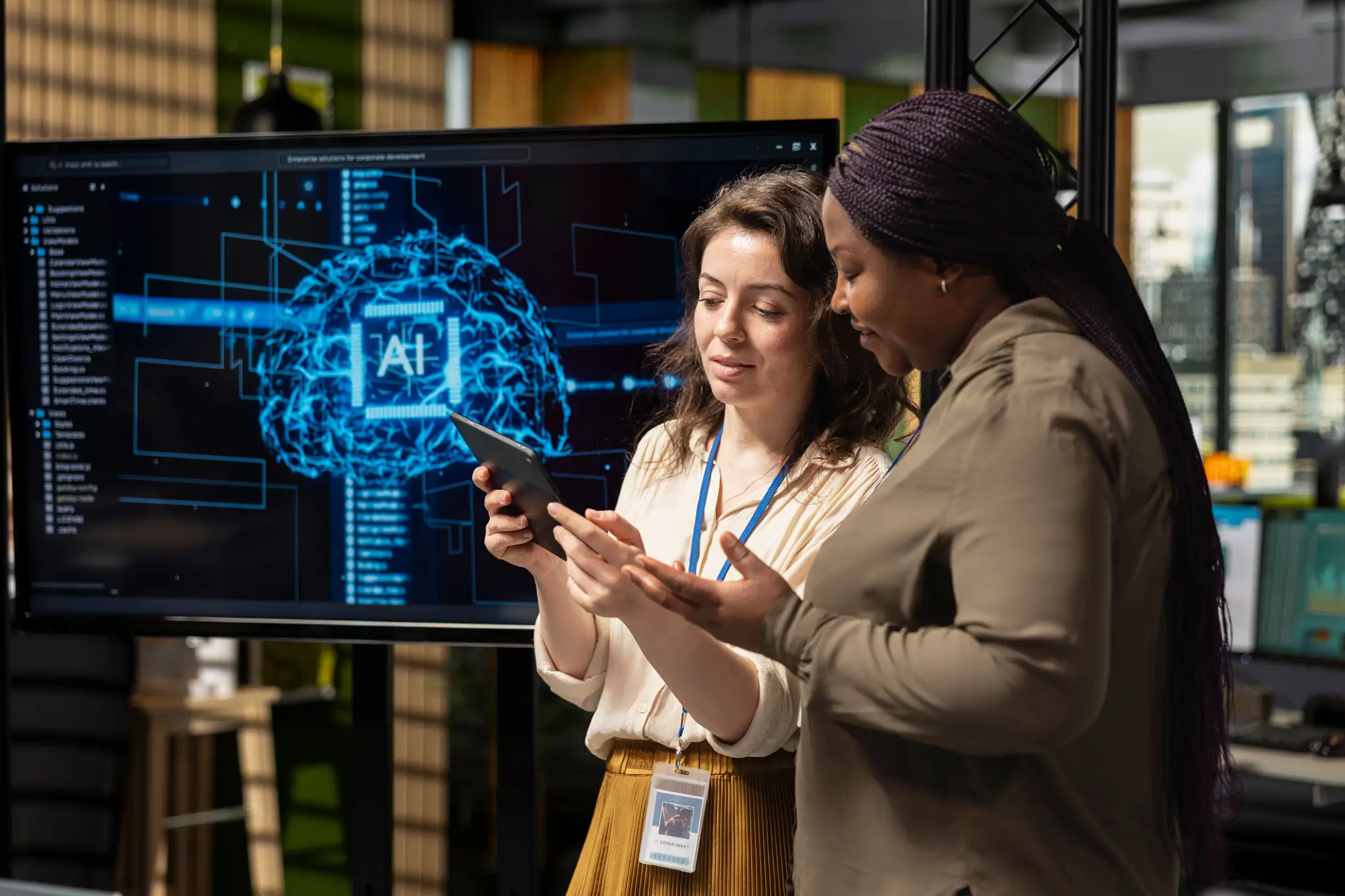 Two colleagues viewing AI visualization on phone