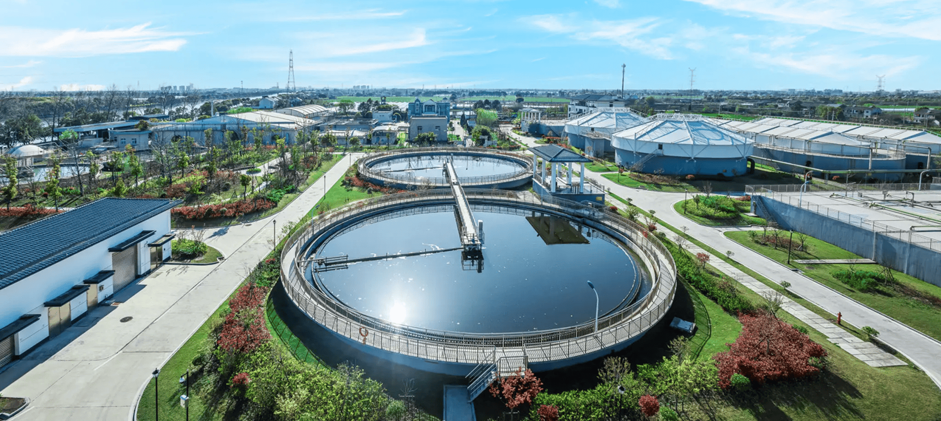 Aerial view of wastewater treatment plant clarifiers